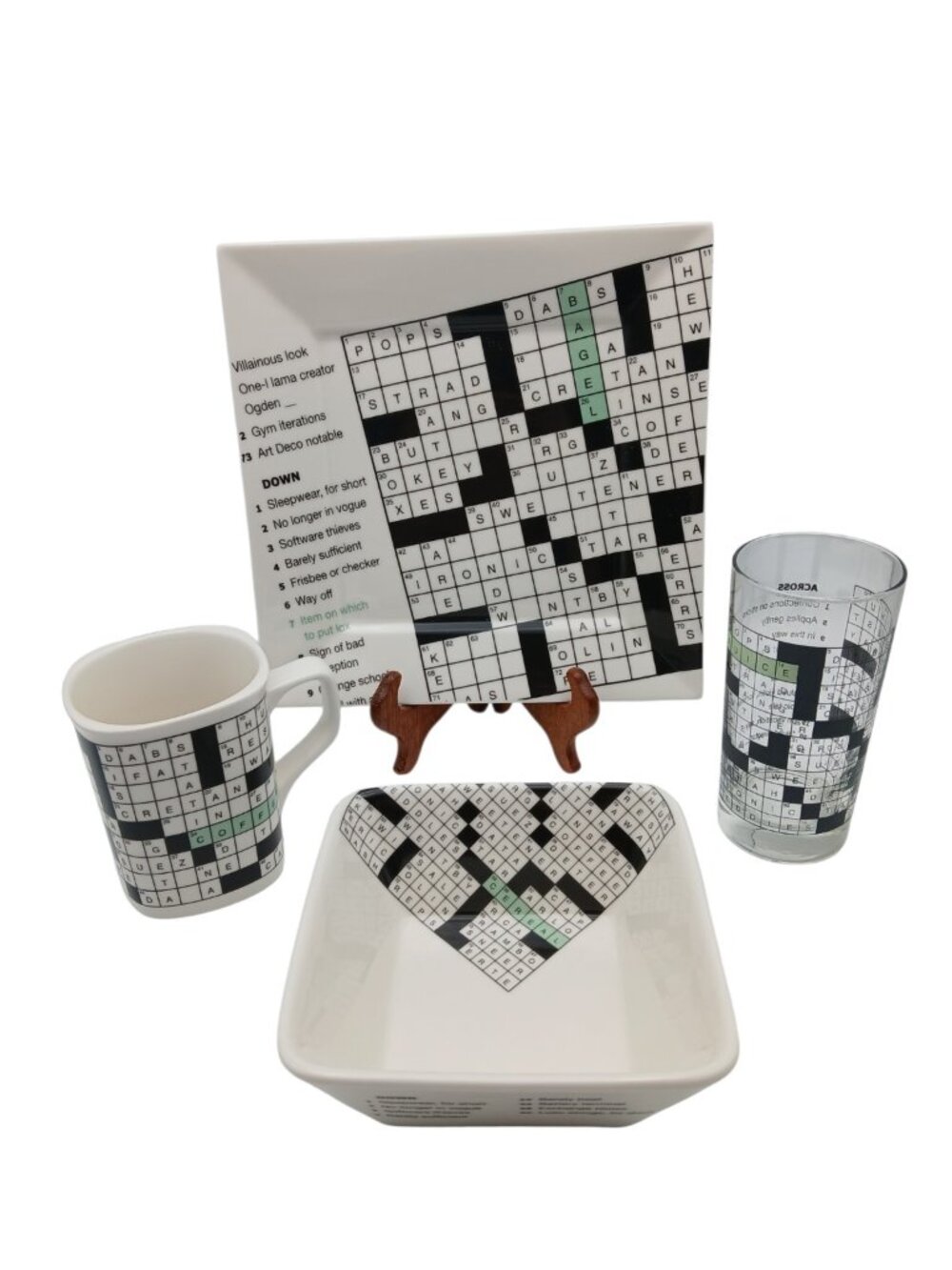 Fishs Eddy NY Times Crossword 4 Pc Dinnerware Set Plate Bowl Mug Glass